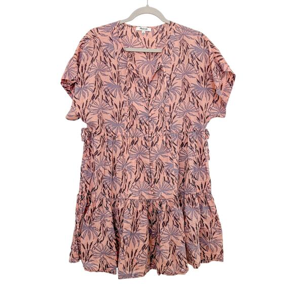 Madewell Button-Front Tiered Dress in Oasis Palms Pink Size Medium - Picture 4 of 9